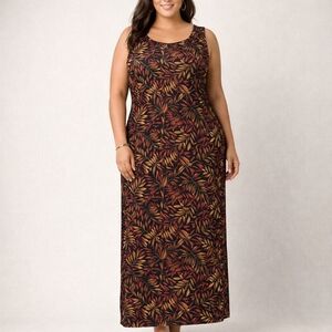 Studio I Dress Sleeveless Maxi 16W Autumn Leaf Print Sheath 54” Long Minimalist
